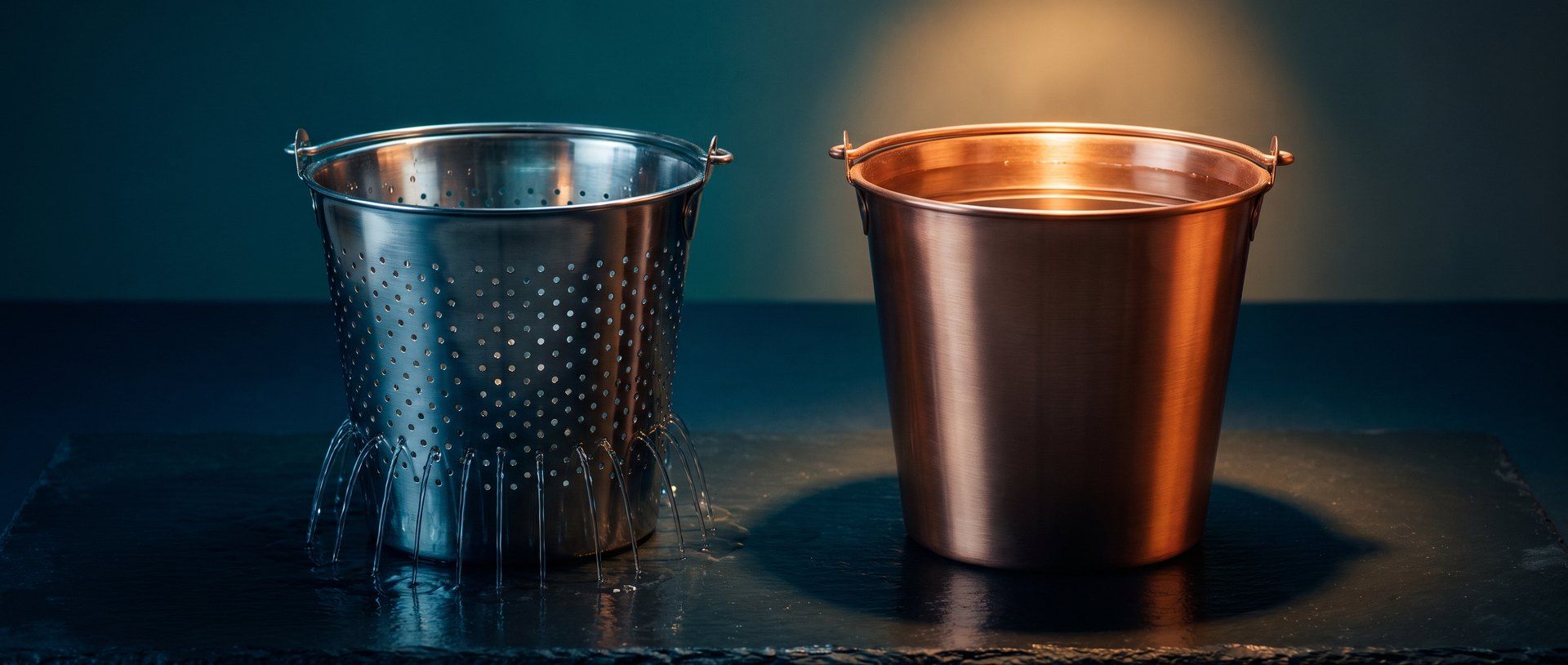Two metal pails - one riddled with holes and leaking water, one sound and brimming full - the difference between losing the customers you win and keeping them.