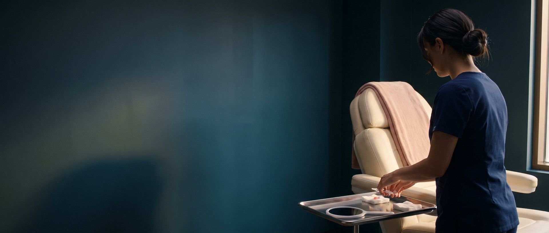 An aesthetic injector in navy scrubs setting out her treatment tray beside a cream treatment chair draped with a blush blanket, in soft morning window light