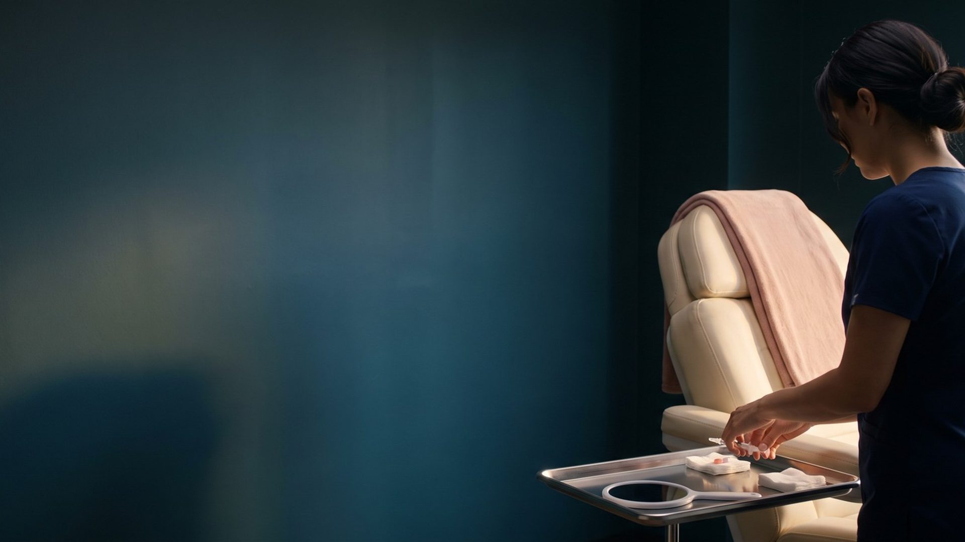 An aesthetic injector in navy scrubs setting out her treatment tray beside a cream treatment chair draped with a blush blanket, in soft morning window light