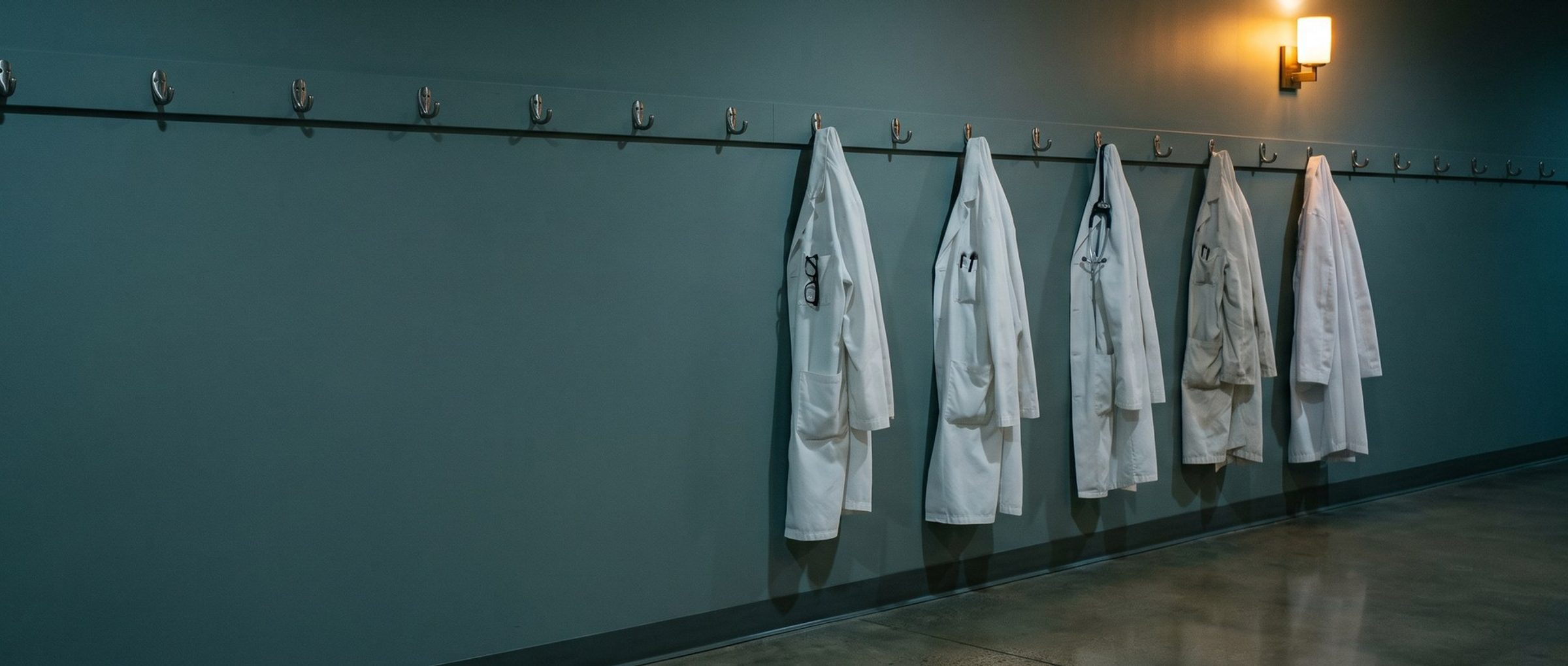 A row of doctors' white coats on steel hooks along a teal-gray clinic staff hallway, each one different, with reading glasses, pens and a stethoscope, under a warm wall sconce