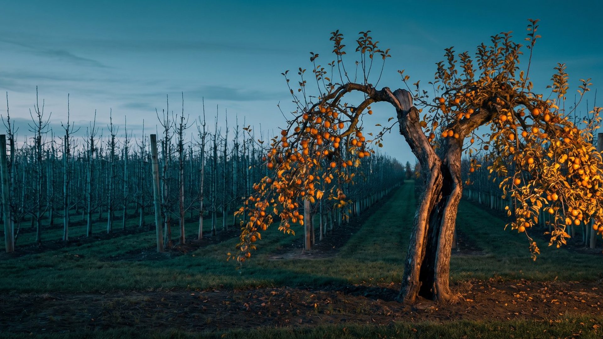 A gnarled old orchard tree heavy with fruit standing among rows of bare, neatly pruned young trees at dusk