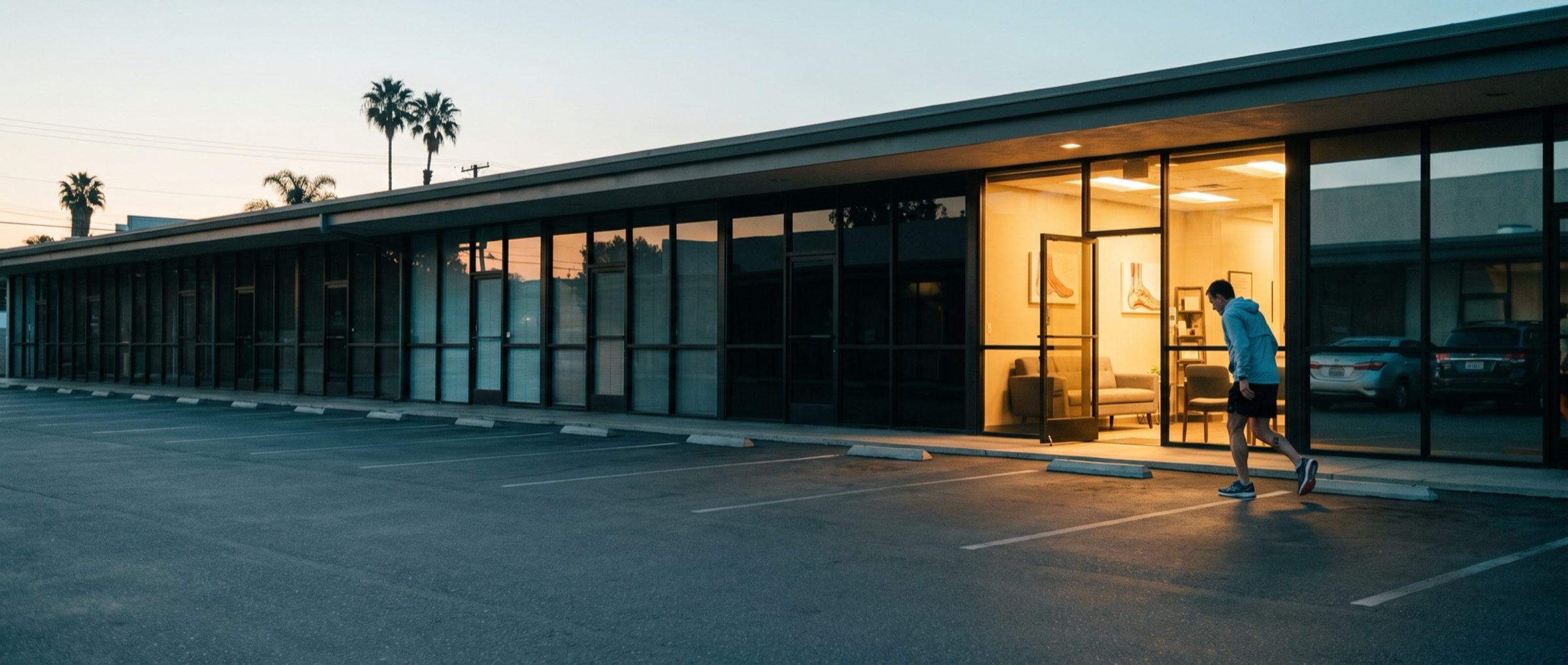 A runner walking head down across an empty early-morning parking lot toward the one lit podiatry office in a row of dark storefronts