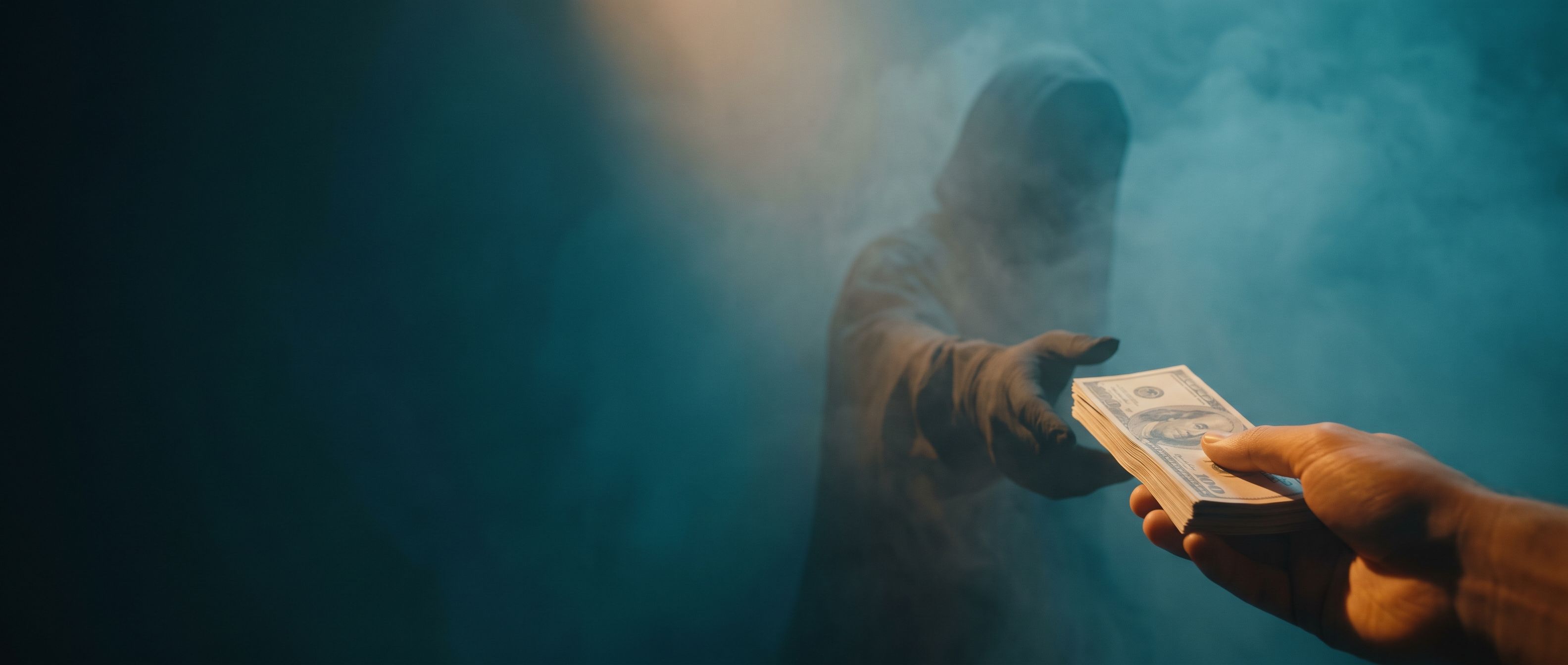 A hand holding out a thick wad of banknotes to a hooded shadowy figure who takes the cash and walks away into deep teal mist giving nothing in return - real money handed over for nothing.
