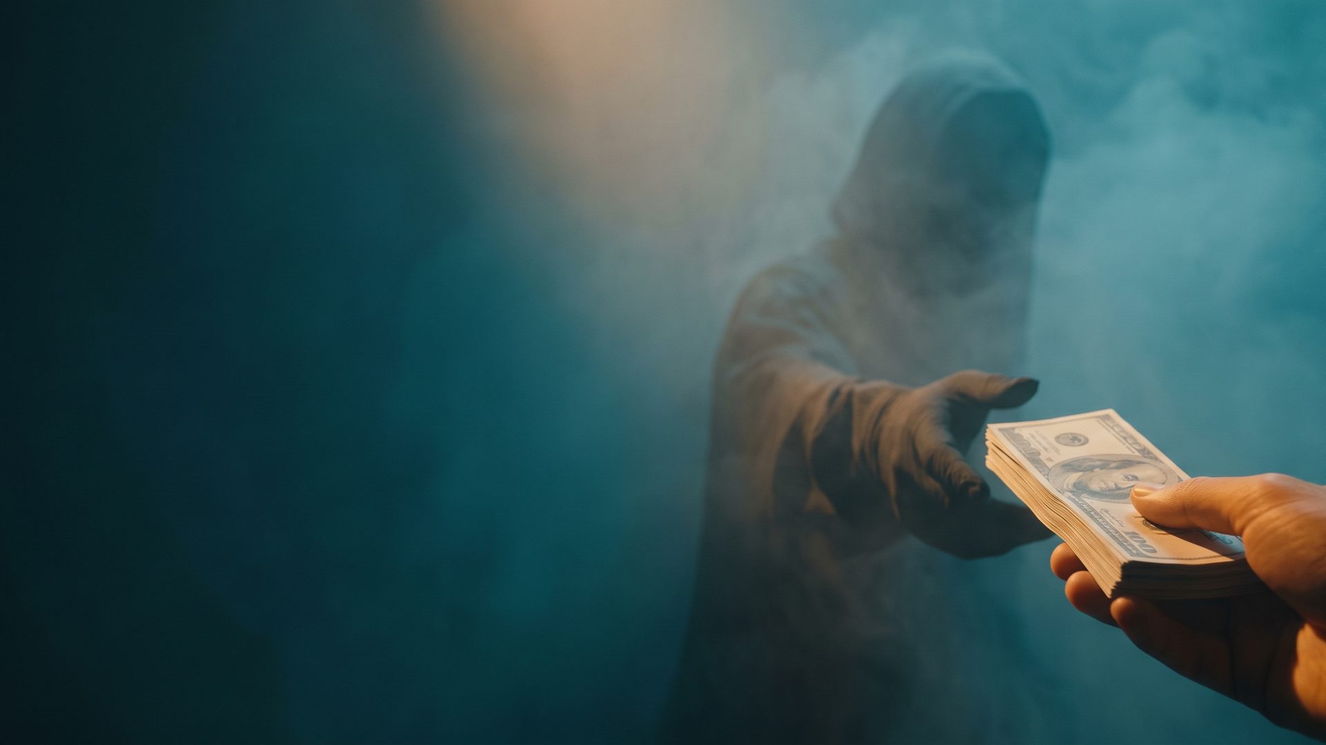 A hand holding out a thick wad of banknotes to a hooded shadowy figure who takes the cash and walks away into deep teal mist giving nothing in return - real money handed over for nothing.