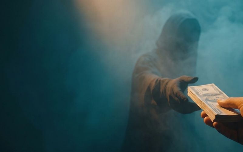 A hand holding out a thick wad of banknotes to a hooded shadowy figure who takes the cash and walks away into deep teal mist giving nothing in return - real money handed over for nothing.