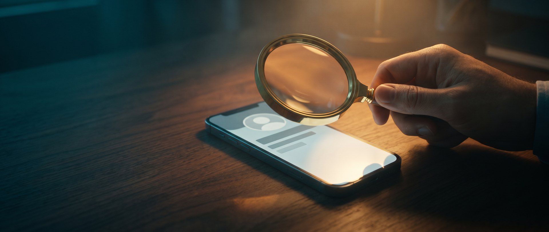 A hand holding a brass magnifying glass over a smartphone on a dark desk, the lens enlarging a business profile on the screen in warm amber light