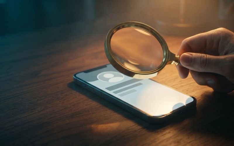 A hand holding a brass magnifying glass over a smartphone on a dark desk, the lens enlarging a business profile on the screen in warm amber light