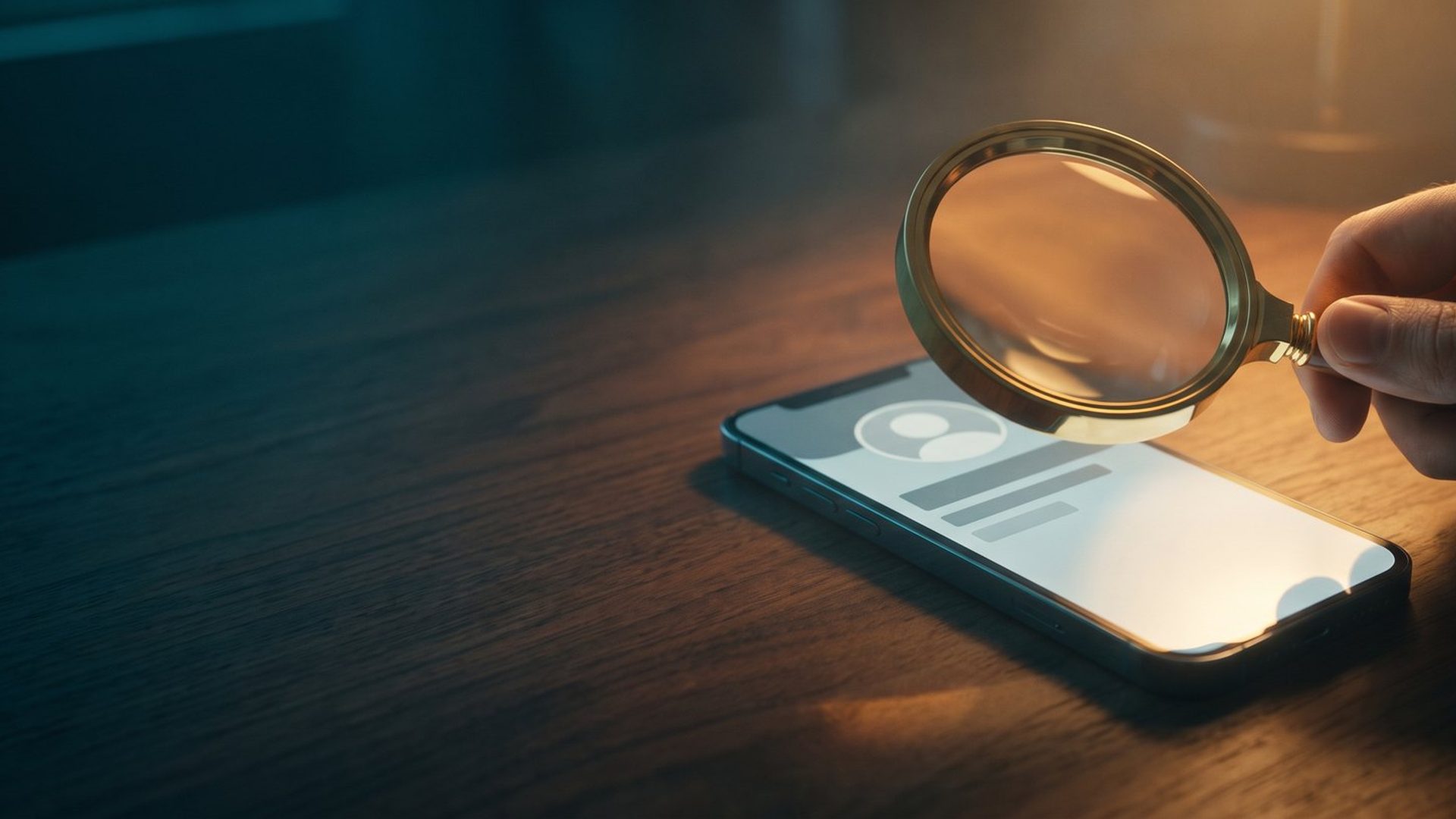 A hand holding a brass magnifying glass over a smartphone on a dark desk, the lens enlarging a business profile on the screen in warm amber light