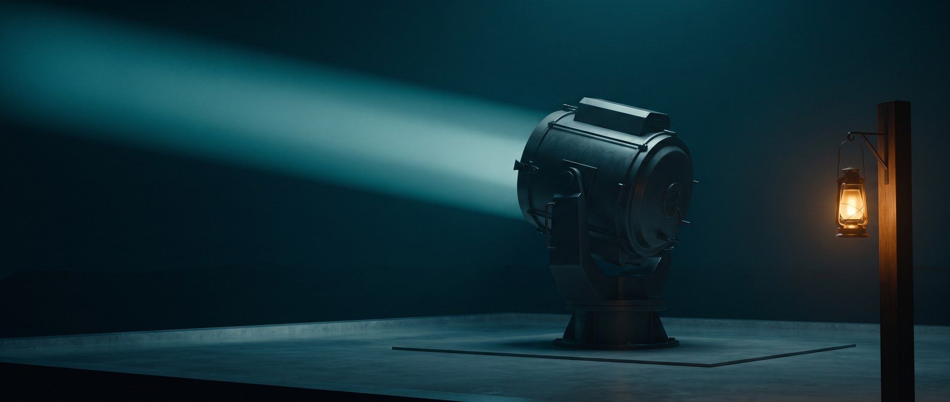 A searchlight throwing a wide beam past a small lit lantern in a dark room