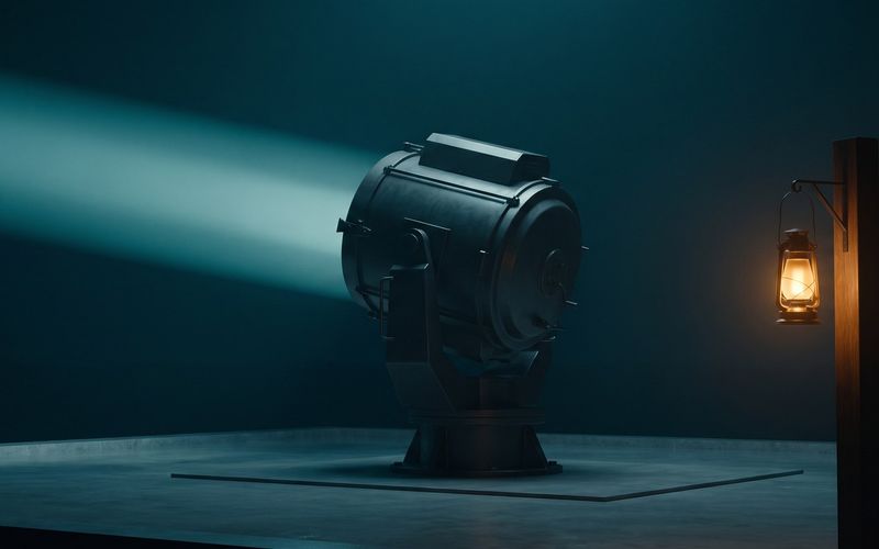 A searchlight throwing a wide beam past a small lit lantern in a dark room