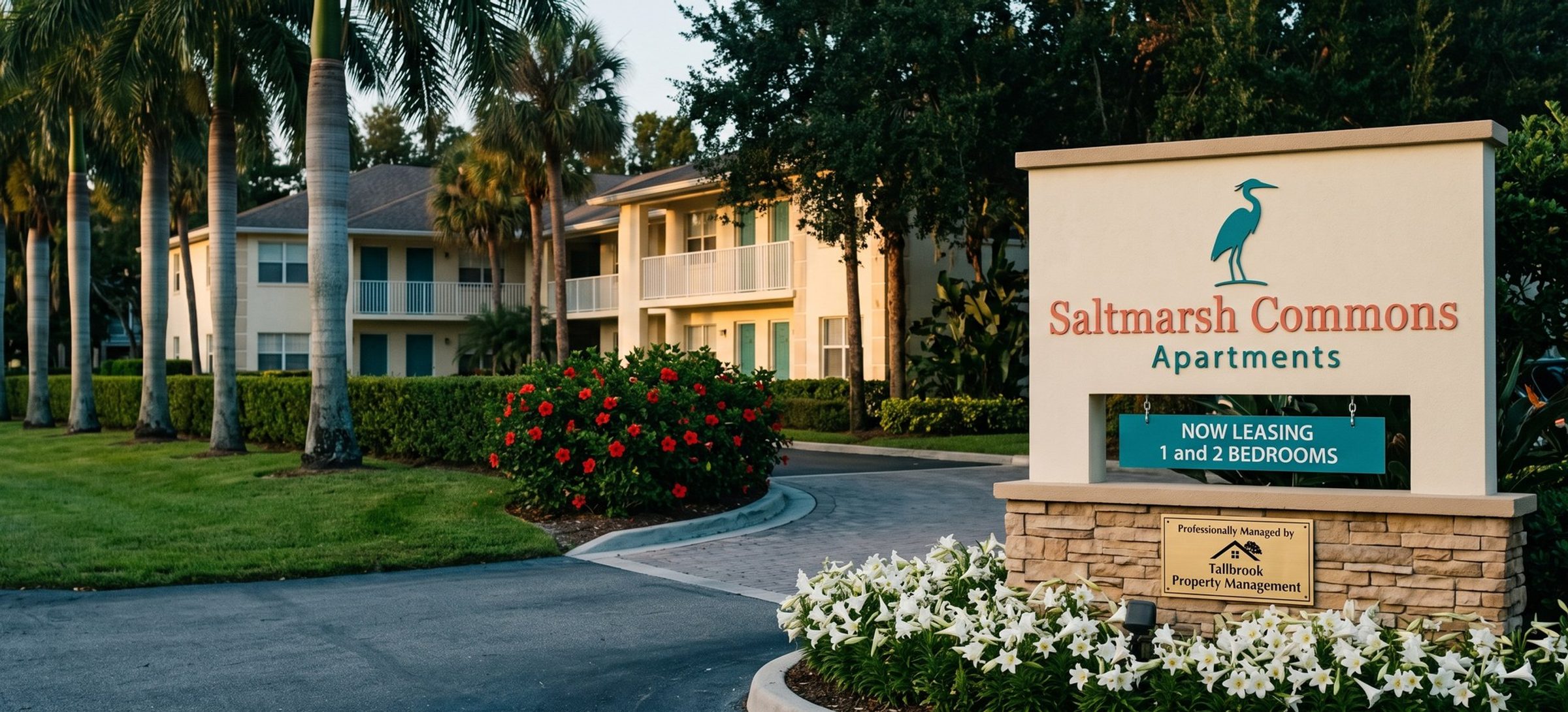 The stone entrance sign of Saltmarsh Commons Apartments with a teal heron logo, a Now Leasing 1 and 2 Bedrooms placard and a brass plaque reading Professionally Managed by Tallbrook Property Management, palms and apartment buildings behind