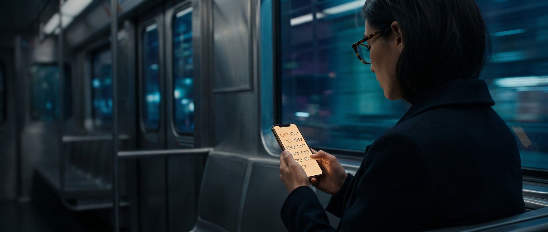 A commuter wearing tortoiseshell glasses scrolls a grid of eyeglass frames on her phone on an evening train, city lights streaking past the window