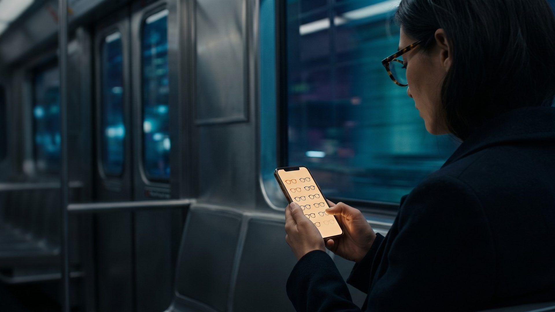 A commuter wearing tortoiseshell glasses scrolls a grid of eyeglass frames on her phone on an evening train, city lights streaking past the window