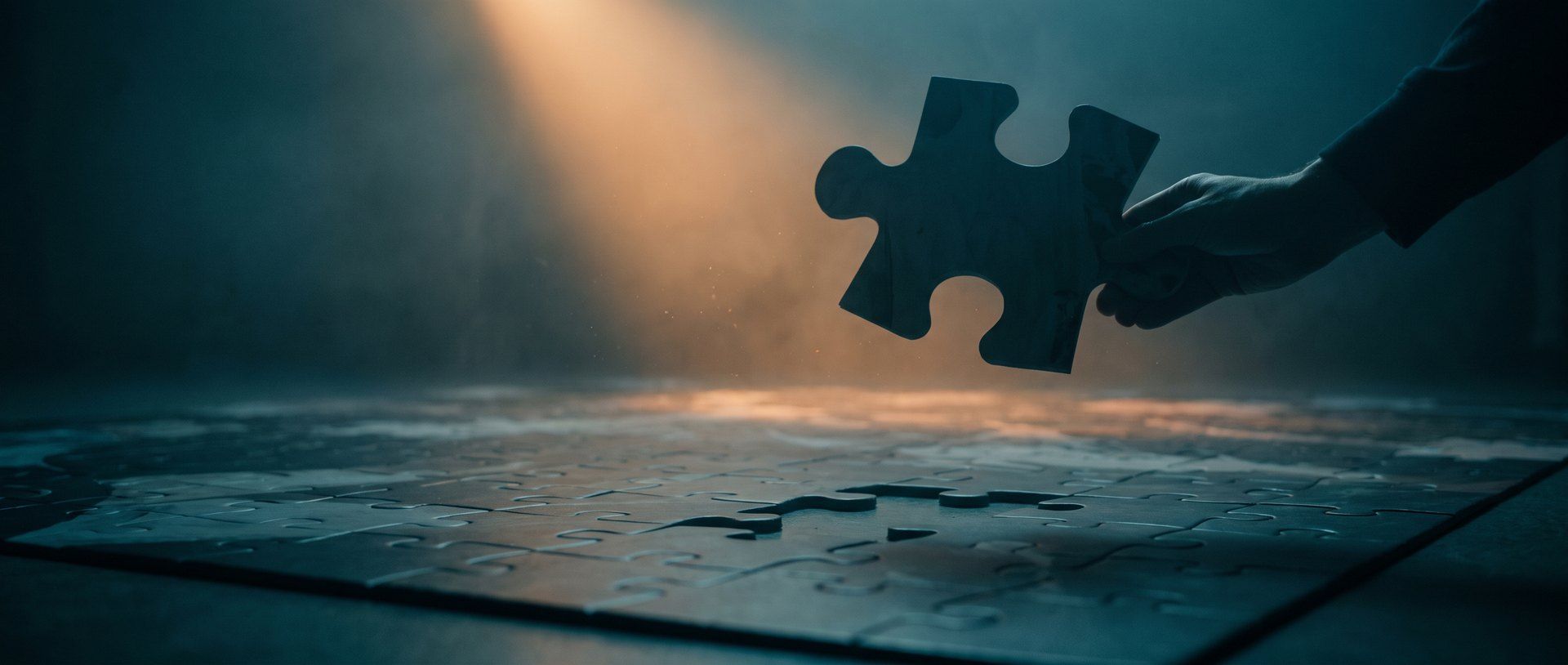 A hand holds a dark puzzle piece in a beam of warm light above the one empty gap in an almost finished puzzle