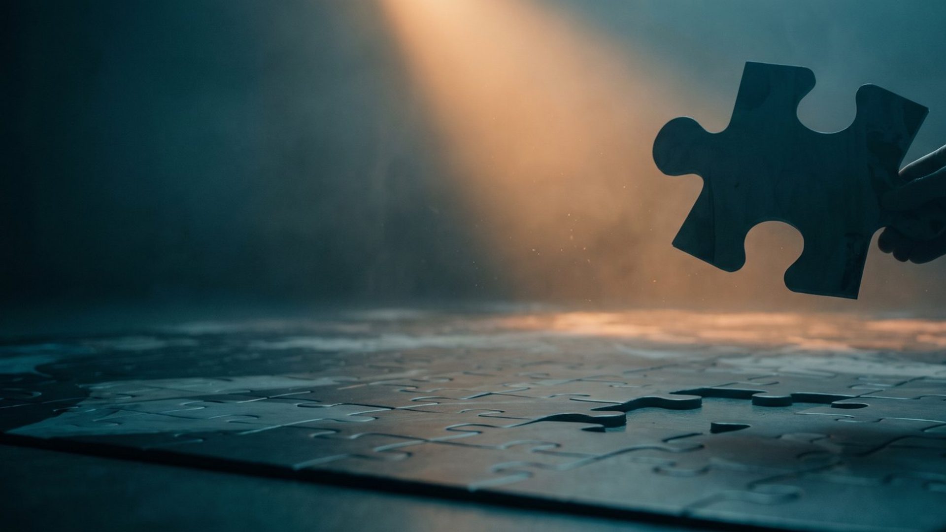 A hand holds a dark puzzle piece in a beam of warm light above the one empty gap in an almost finished puzzle