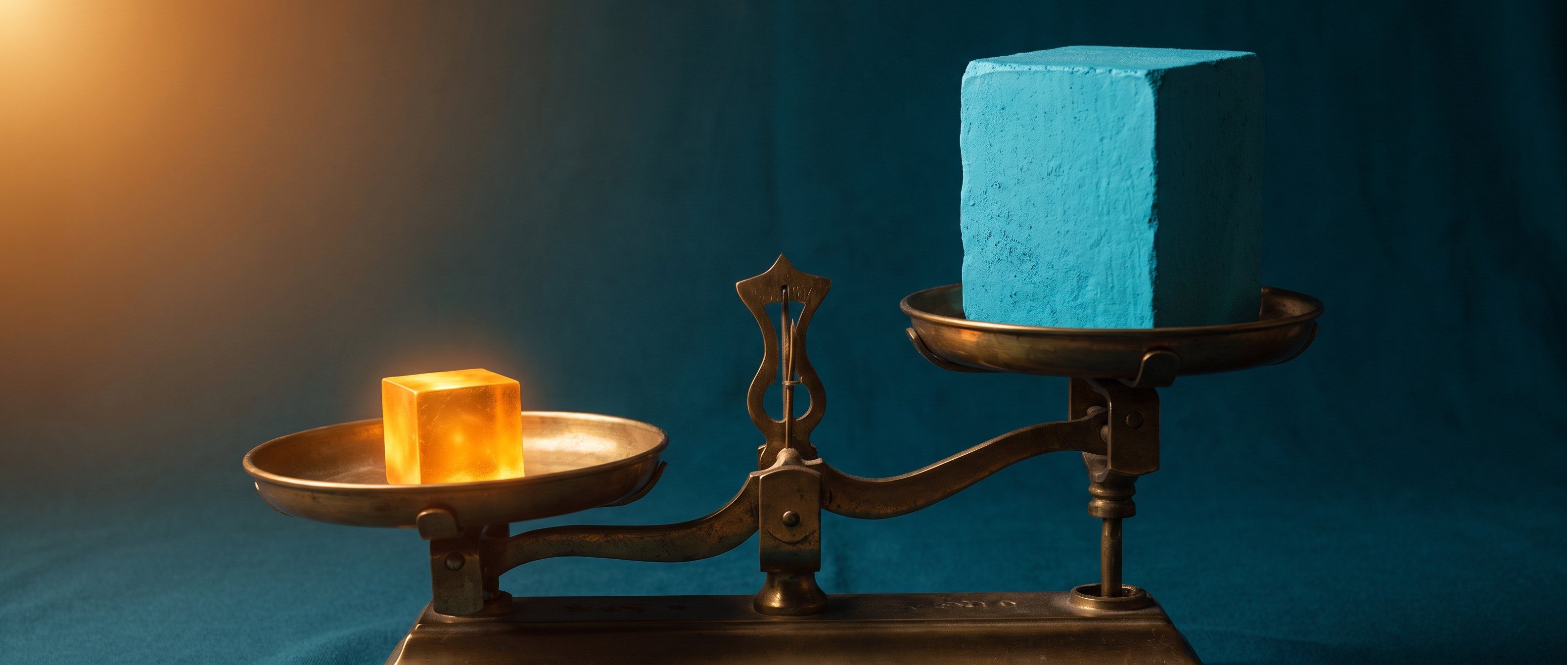 A two-pan balance scale where a small glowing amber cube outweighs a much larger dull cyan block - quality and relevance outweighing raw spend.