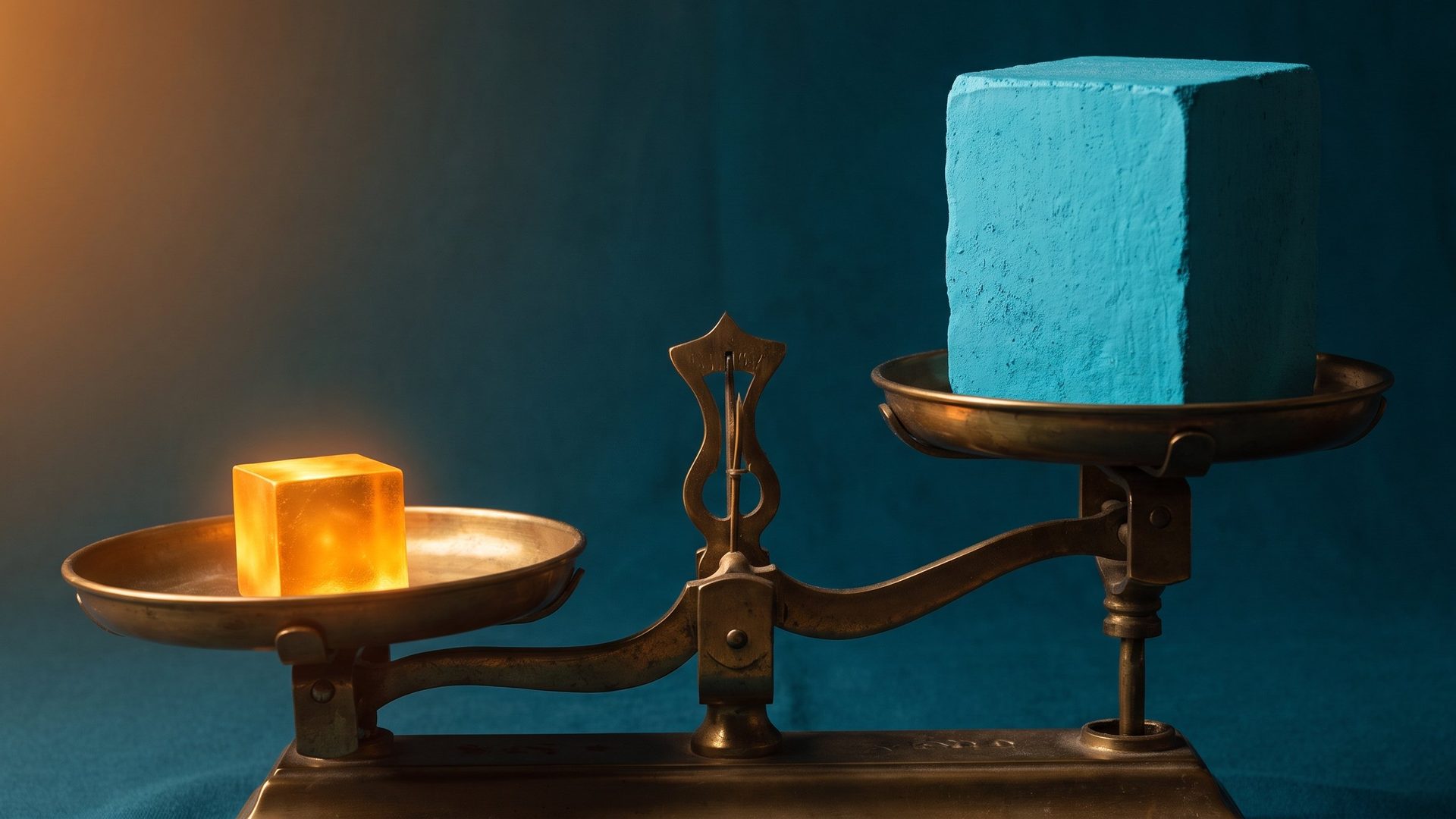 A two-pan balance scale where a small glowing amber cube outweighs a much larger dull cyan block - quality and relevance outweighing raw spend.