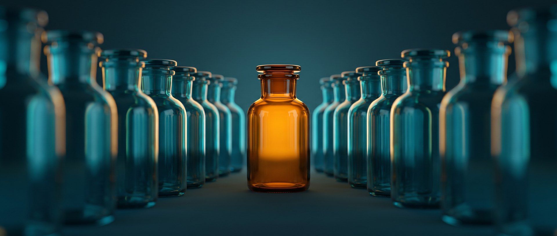 A single sharply-focused amber bottle standing clearly among a field of identical blurred teal bottles - clear positioning versus blurring into competitors.
