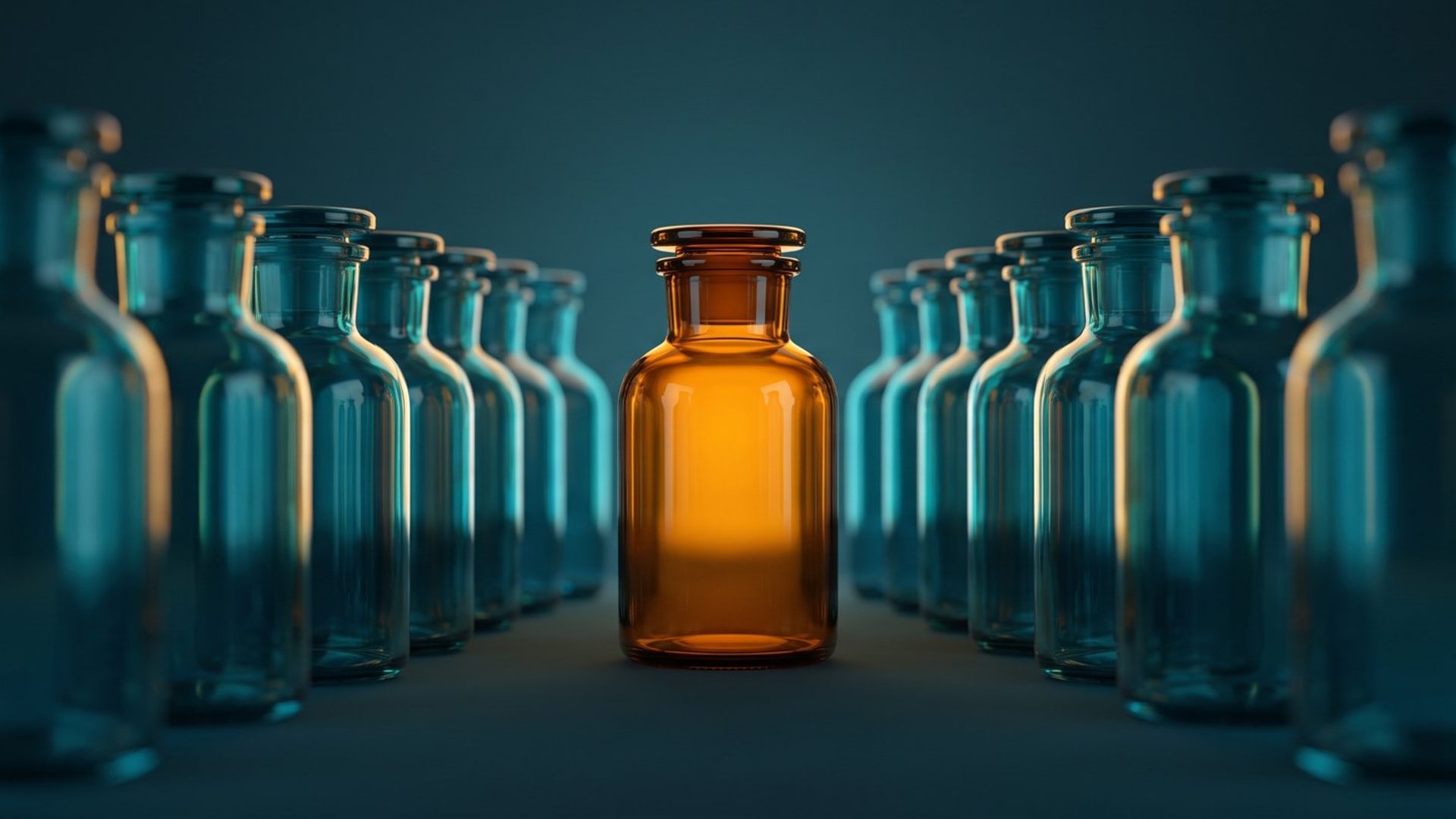A single sharply-focused amber bottle standing clearly among a field of identical blurred teal bottles - clear positioning versus blurring into competitors.