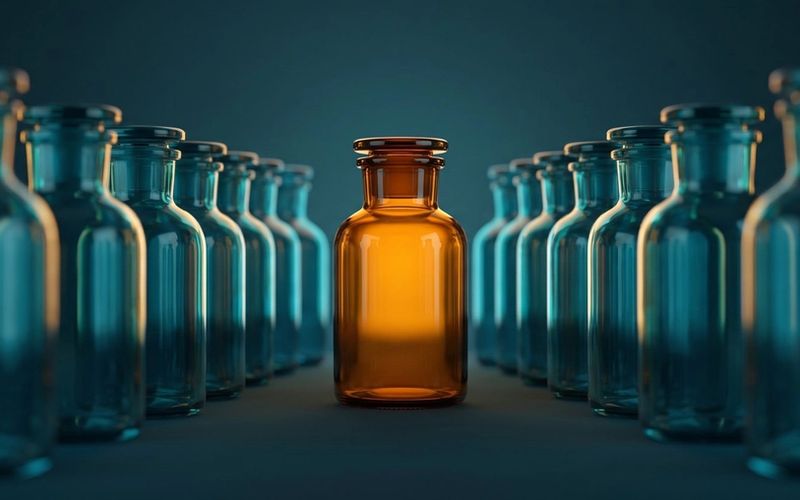 A single sharply-focused amber bottle standing clearly among a field of identical blurred teal bottles - clear positioning versus blurring into competitors.