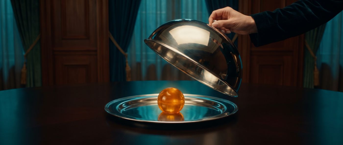 A silver dome cloche lifted off a tray to reveal a single glowing amber sphere, a valuable offer served up.