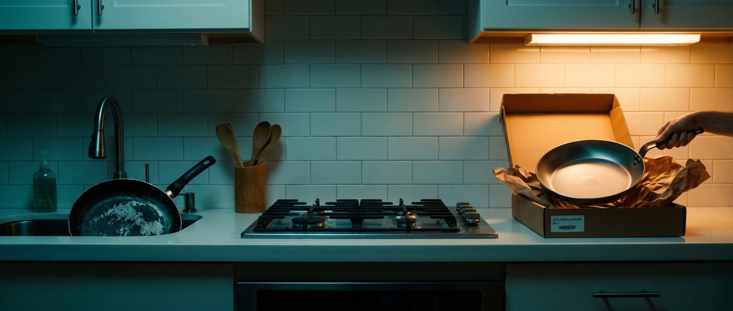 A new carbon steel frying pan being lifted out of a plain kraft box labeled 12 in. carbon steel pan on a kitchen counter at night, while a worn nonstick pan with a flaking coating sits in the sink