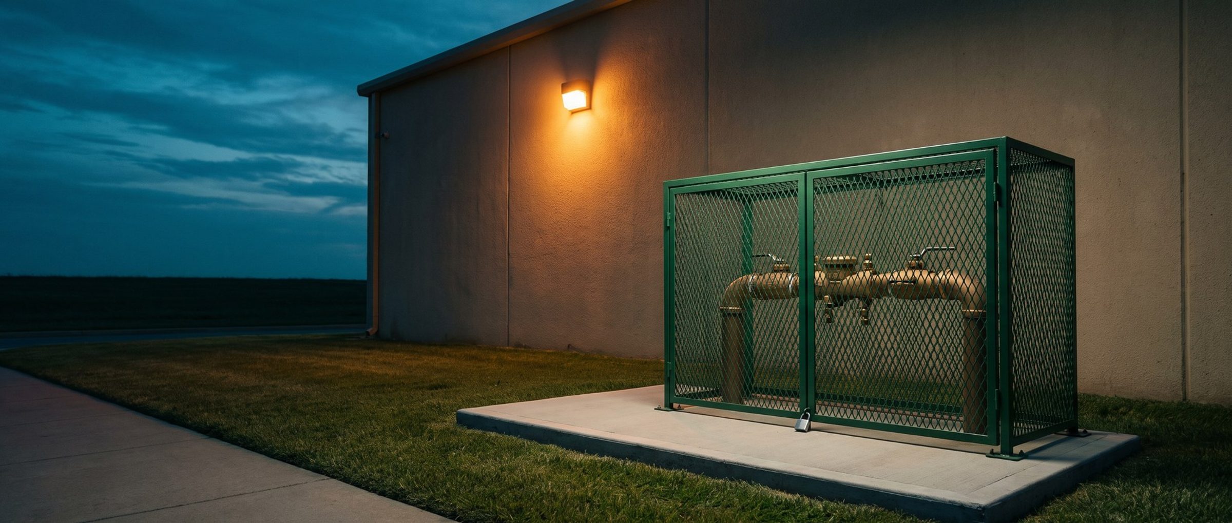 A brass backflow preventer assembly locked inside a green steel mesh cage on a concrete pad beside a commercial building at dusk, with a padlock at the base of the cage