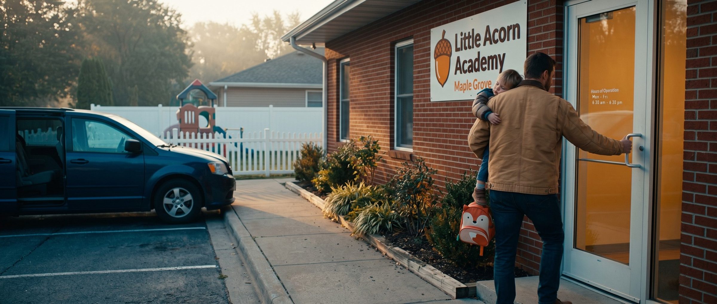 A father in a tan work jacket carries his sleepy toddler and a fox backpack to the front door of a brick daycare at sunrise, a minivan with its sliding door open behind him
