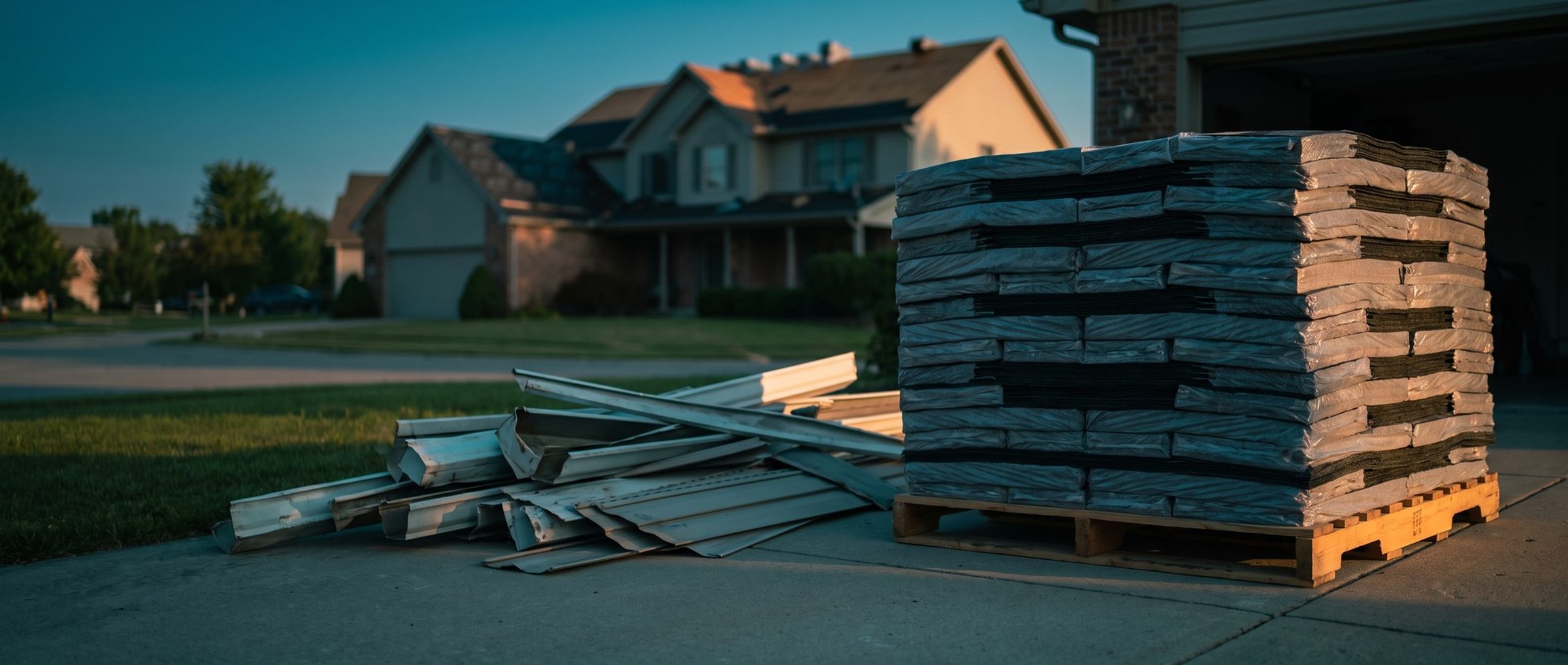 Morning on a suburban driveway during a reroof: a pallet stacked with wrapped shingle bundles stands beside a loose heap of old dented gutters and siding panels, a house soft in the background