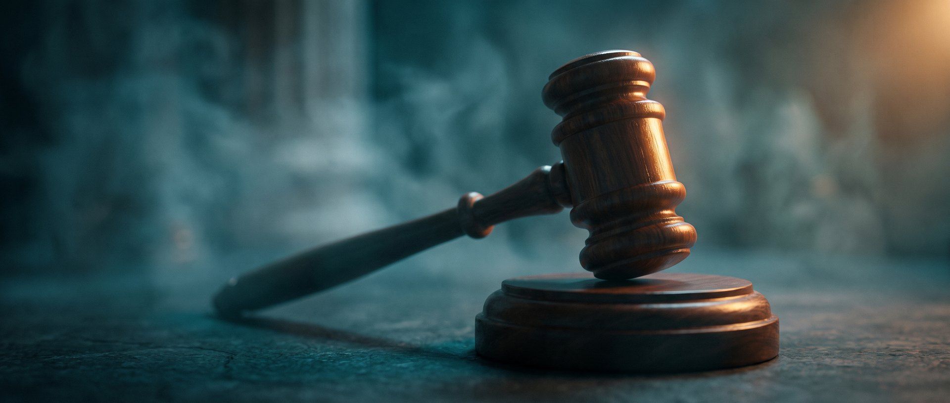 A polished wooden auctioneer's gavel resting on its sound block, rim-lit in warm amber against deep teal shadow and mist - the auction Meta runs for every ad impression.