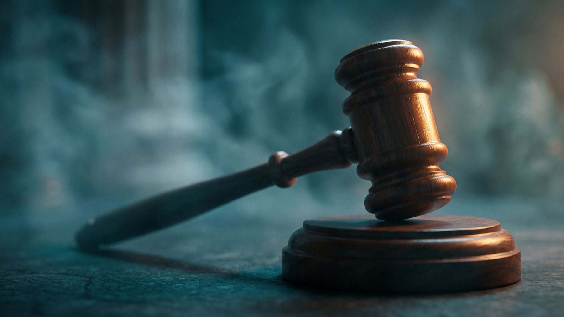 A polished wooden auctioneer's gavel resting on its sound block, rim-lit in warm amber against deep teal shadow and mist - the auction Meta runs for every ad impression.