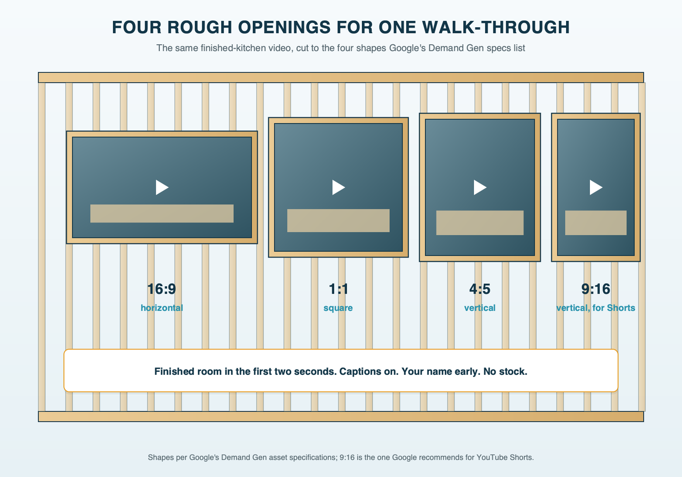 A framed wall with four window rough openings of different shapes, 16 by 9, 1 by 1, 4 by 5 and 9 by 16, each holding a frame from the same finished-kitchen walk-through video, labeled horizontal, square, vertical, and vertical for YouTube Shorts