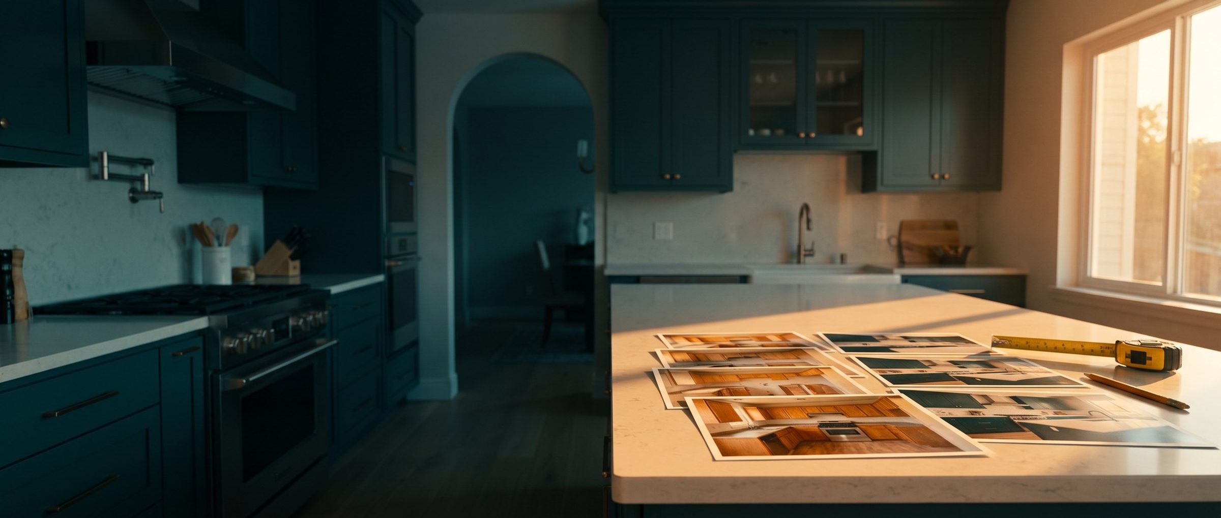 Printed before-and-after photos of a kitchen remodel spread on the new quartz island of the finished kitchen at golden hour, with a tape measure and a pencil