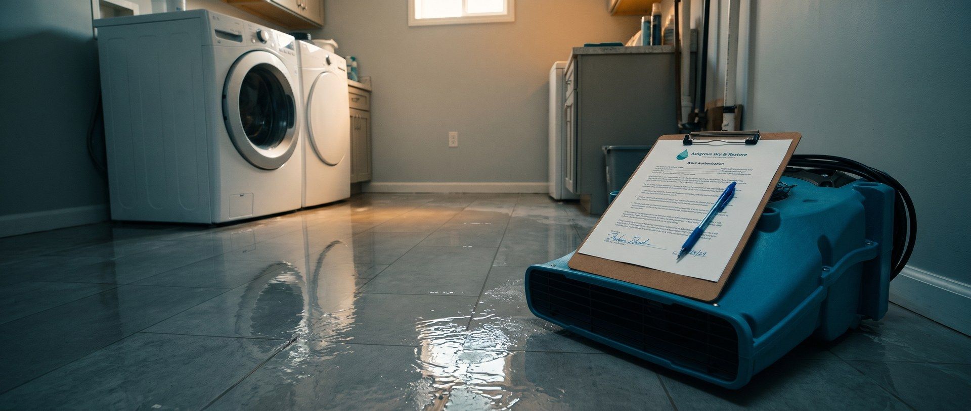 In a laundry room with water across the tile floor, a blue air mover runs on the right, and a clipboard on top of it holds a signed Ashgrove Dry & Restore work authorization