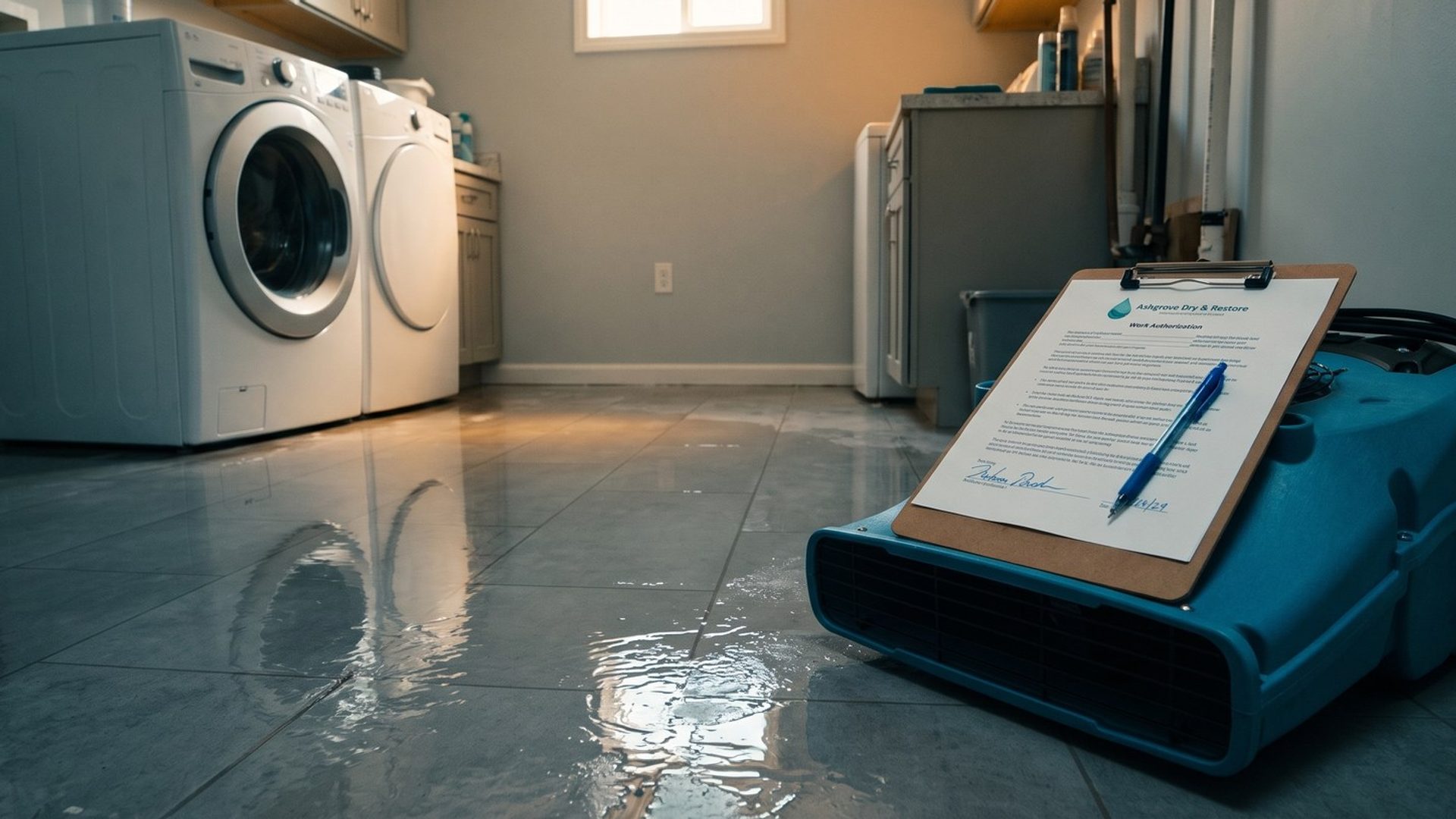 In a laundry room with water across the tile floor, a blue air mover runs on the right, and a clipboard on top of it holds a signed Ashgrove Dry & Restore work authorization