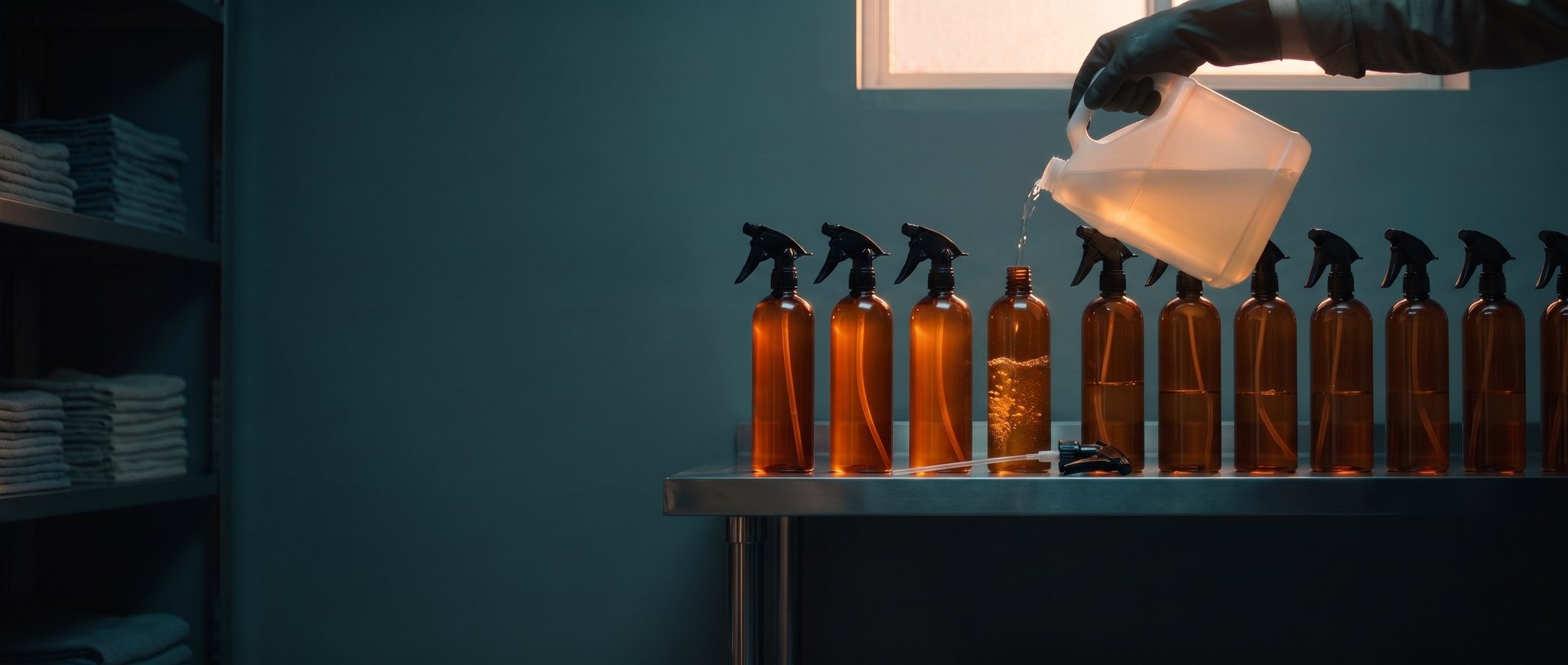 A row of matching amber spray bottles on a steel table in a cleaning company supply room at dawn, a gloved hand refilling an open bottle from a jug, its sprayer set down beside it
