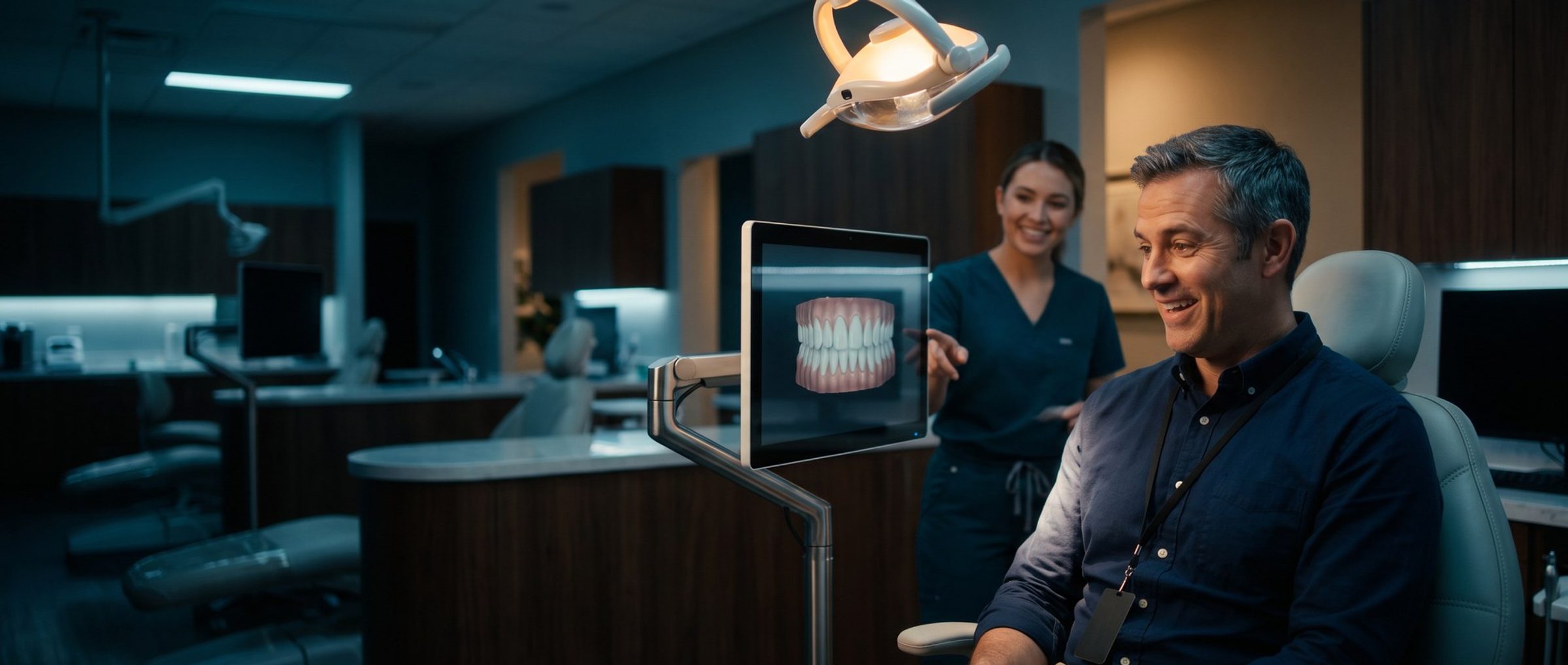 A man in his forties in an orthodontic chair smiling with surprise at a chairside monitor showing a 3D model of straight teeth, an assistant smiling behind him