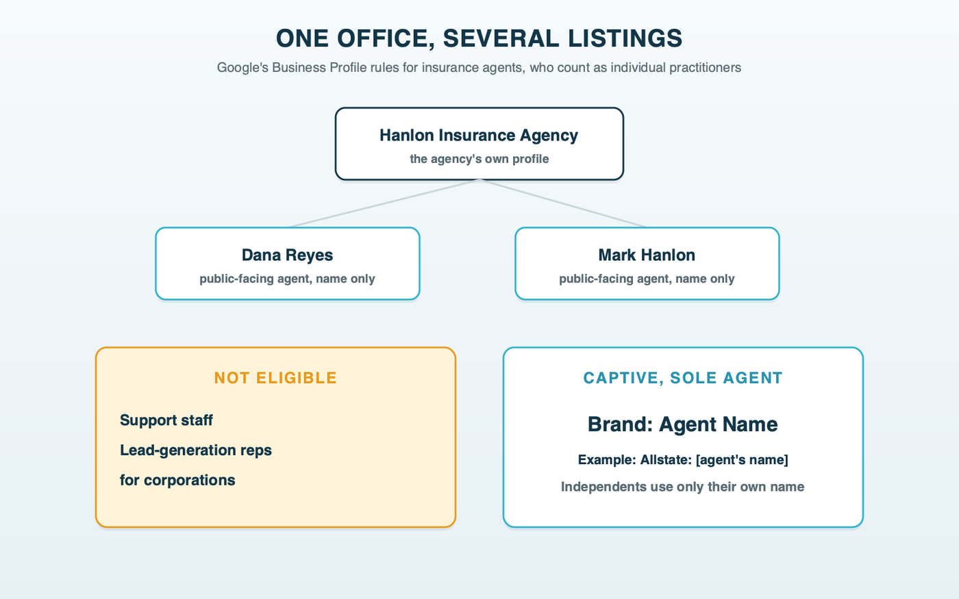 One agency office with three listings: the agency's own profile, a profile for each public-facing agent named with the agent's name only, and a note that support staff and lead-generation reps are not eligible; beside it, the captive format Brand: Agent Name