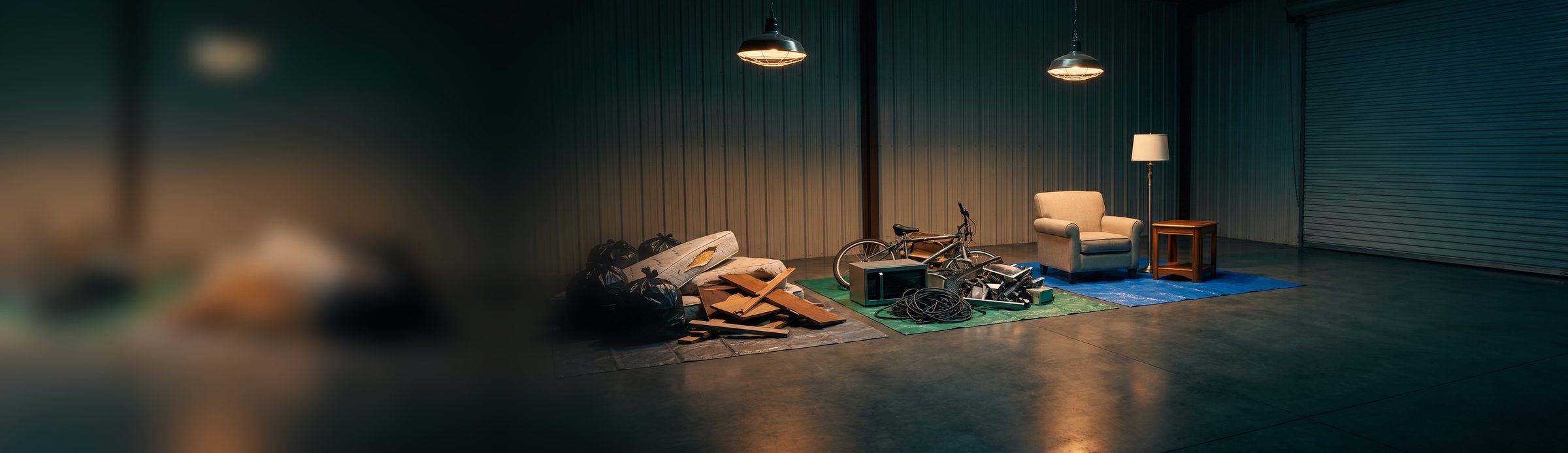 A junk load sorted onto three tarps in a warehouse bay at night: an armchair, lamp and side table on blue, scrap metal and old electronics on green, broken boards and trash bags on gray