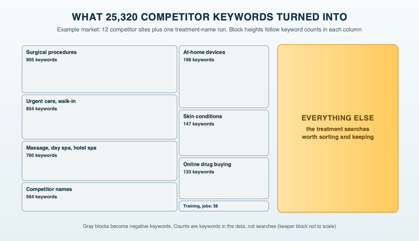 A treemap of what 25,320 competitor-seeded keywords turned into: blocks for surgical procedures, urgent care, massage and day spa, competitor names, at-home devices, skin conditions, online drug buying, training and jobs, beside the block of keywords worth keeping