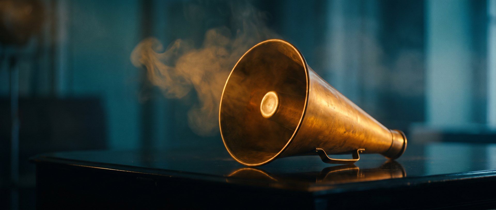 A vintage brass megaphone on a dark desk, warm amber light and drifting haze