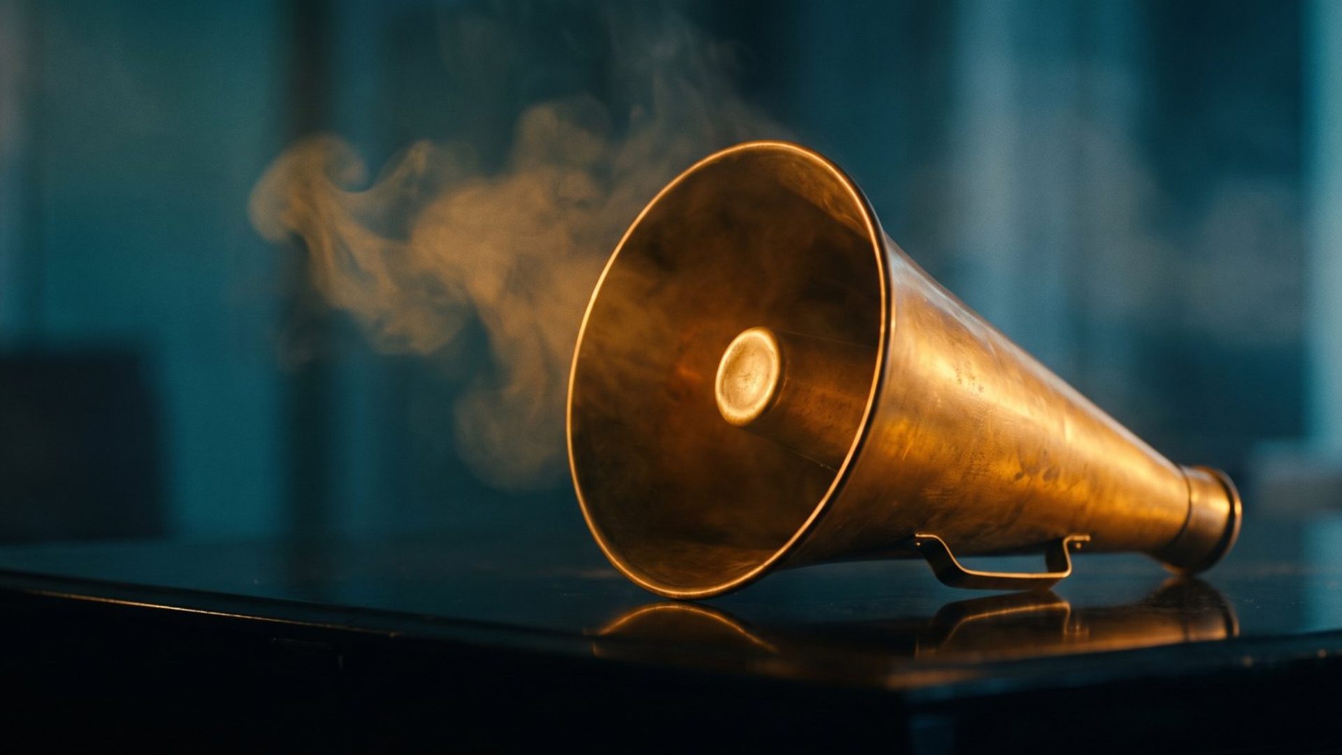 A vintage brass megaphone on a dark desk, warm amber light and drifting haze