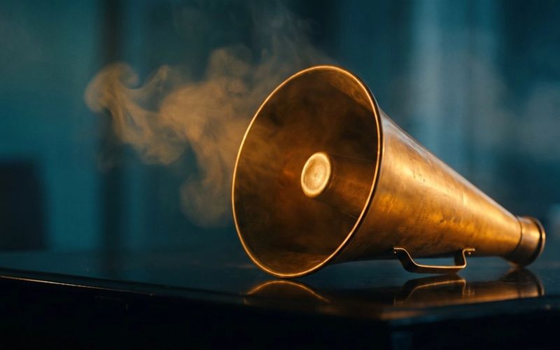 A vintage brass megaphone on a dark desk, warm amber light and drifting haze