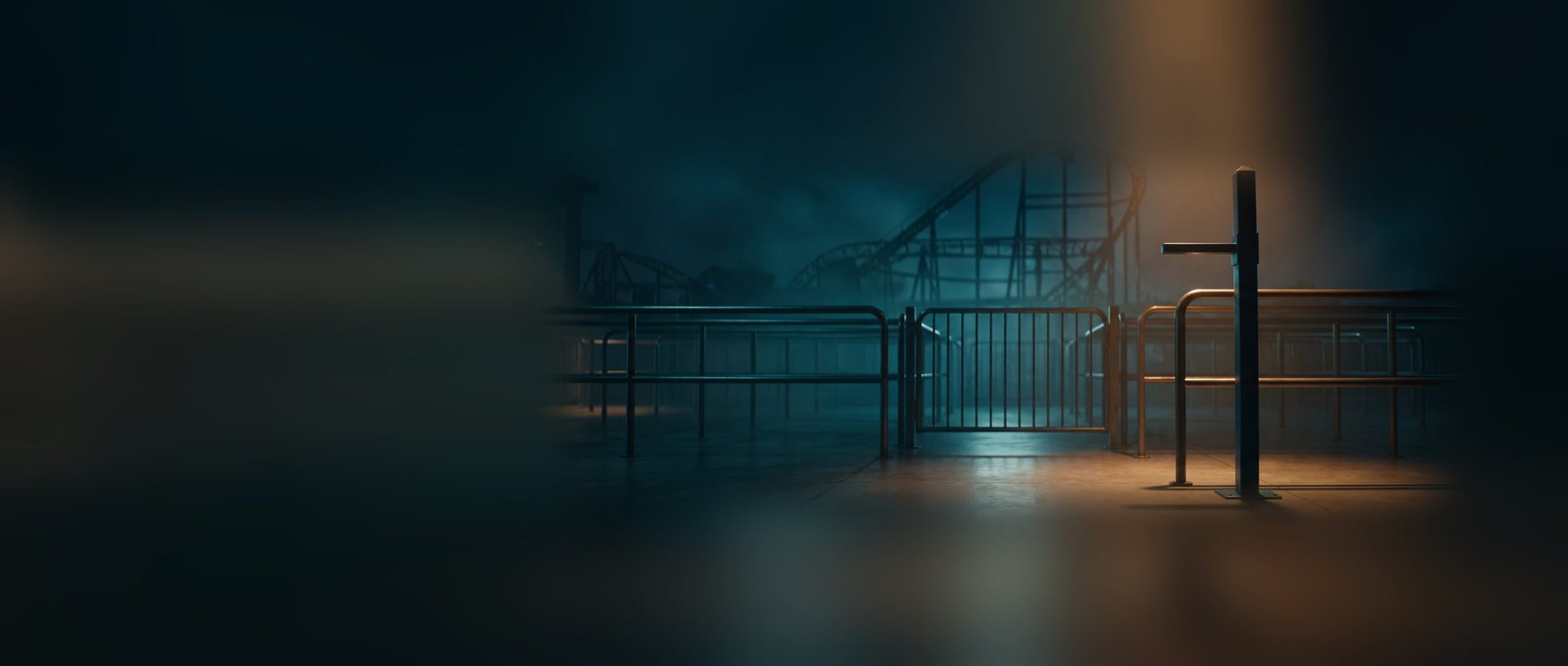 Wide view of an empty amusement park ride entrance at night, a height-check post with its measuring arm at child height lit in warm amber beside the line rails and gate, a roller coaster fading into teal fog behind