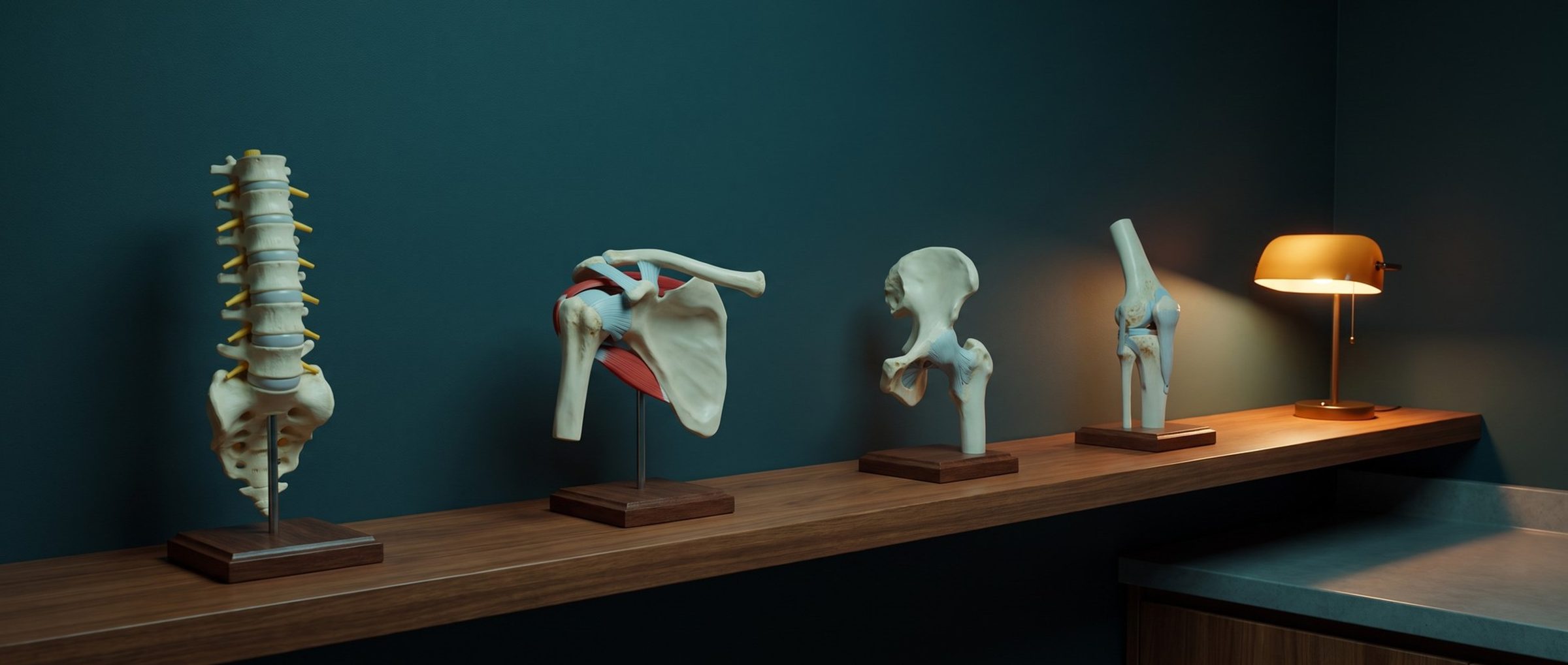 Four anatomical models in a row on a wooden shelf in a dim orthopedic exam room: a lumbar spine, a shoulder, a hip and a knee, with a warm lamp lighting the knee at the right end