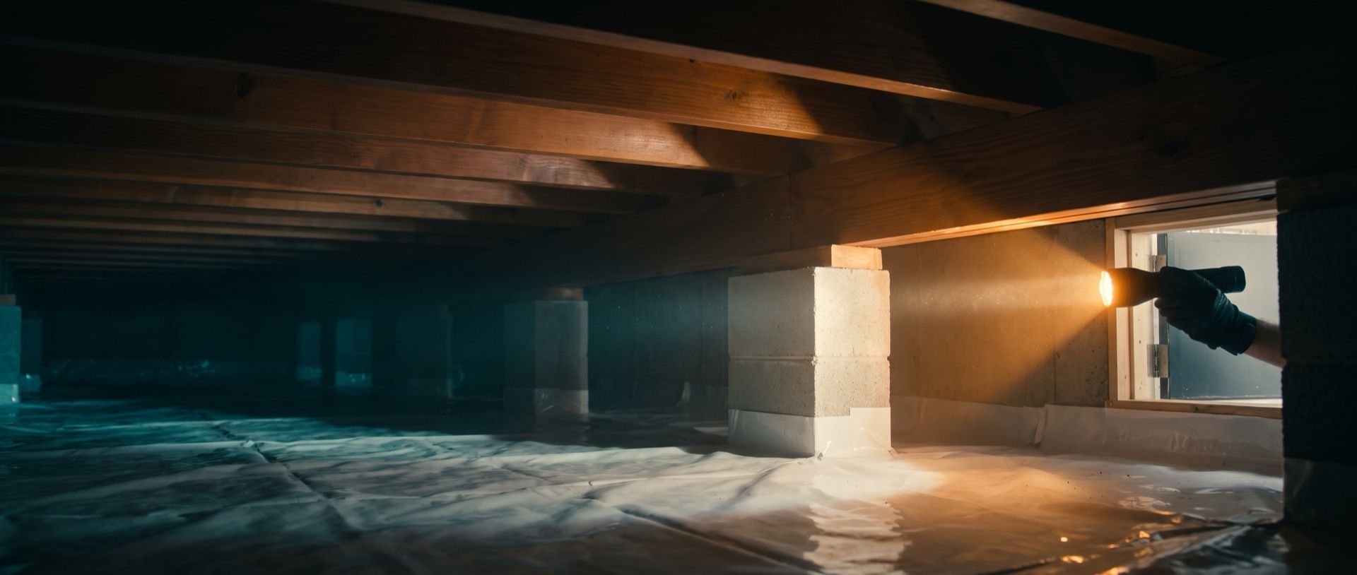 A pest control technician's gloved hand shines a flashlight into a crawl space under a house, lighting one warm patch of joists and a block pier while rows of piers fade into the dark beyond