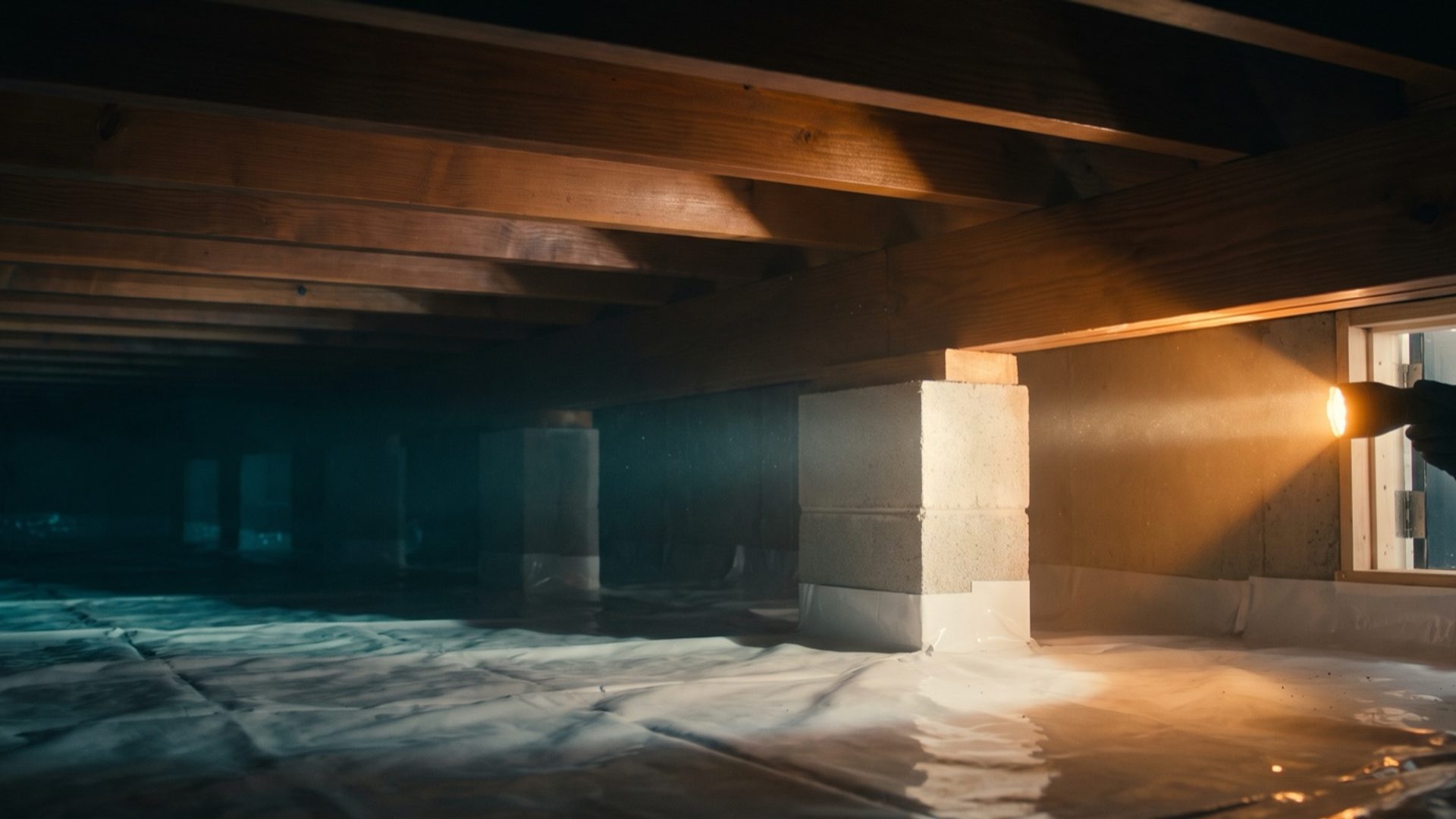 A pest control technician's gloved hand shines a flashlight into a crawl space under a house, lighting one warm patch of joists and a block pier while rows of piers fade into the dark beyond