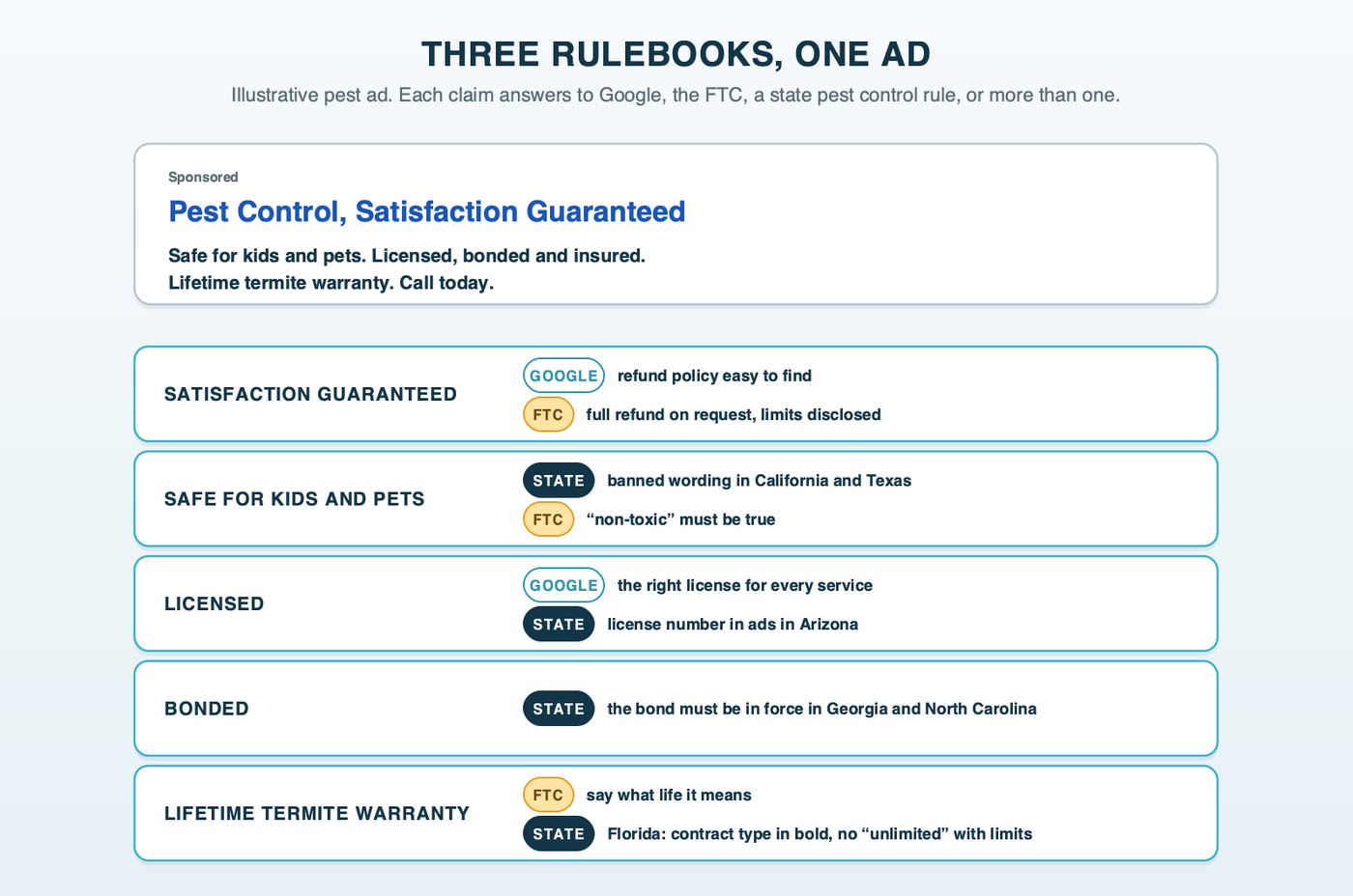 Three rulebooks, one ad: an illustrative pest control search ad with each claim tagged to the rulebook that governs it, Google for the guarantee and the license claim, the FTC for money-back and lifetime wording, and state pest control rules for safety words, bonded and the license number