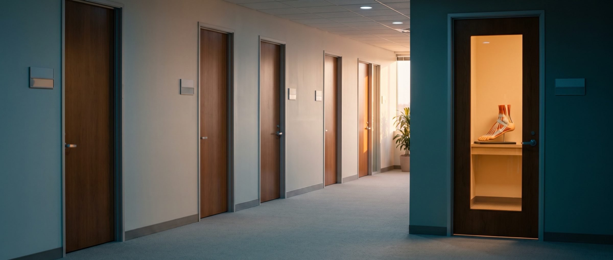 A medical office building hallway lined with closed practice doors, one lit glass door at the end showing an anatomical foot model on a shelf