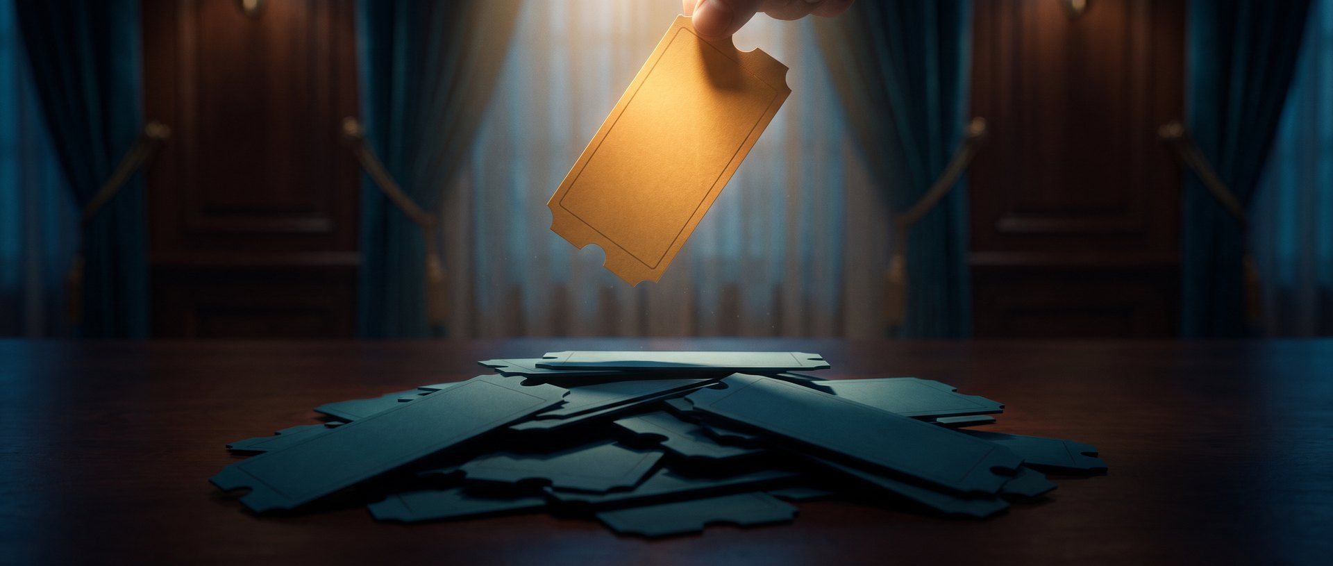 A single glowing golden ticket lifted into the light above a spread of plain, blank tickets in shadow.